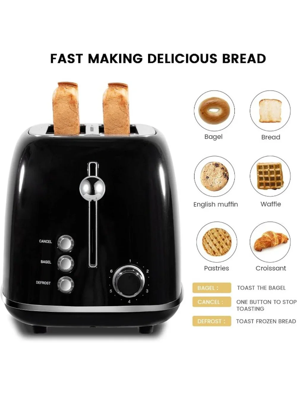 2 Slice Black Retro Stainless Steel with Bagel Defrost Functions Tray Toaster